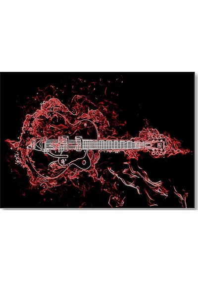 Cakasepetim Elektrogitar Ve Kırmızı Alevler Ahşap Mdf Tablo