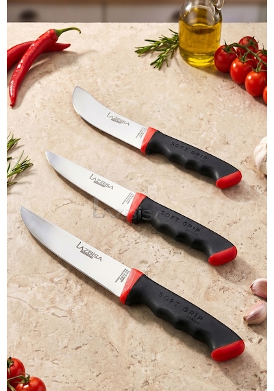 Lazbisa Mtf-051 Soft Grip Mutfak Bıçak Seti Et Ekmek Sebze Bıçağı 3 Lü Set Günlük Kullanım Kırmızı - Siyah
