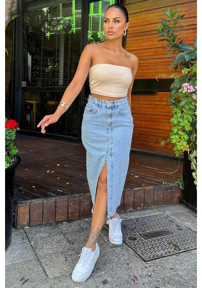 Açık Mavi Cepli Yırtmaçlı Uzun Denim Etek