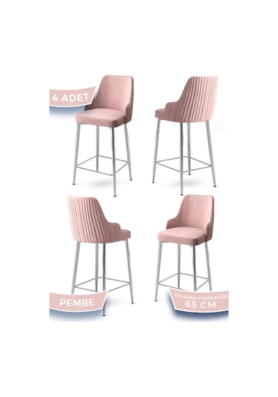 Canisa Tera Serisi 4 Adet Babyface Kumaş 65 Cm Krom Kaplama Ayaklı Pembe Bar Sandalyesi Pembe Sandalye Krom Kaplama Ayak