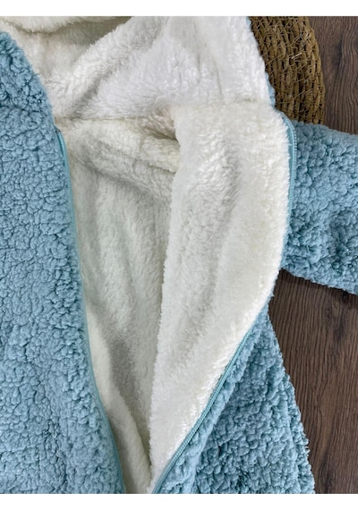 Bebicix Çift Kat Wellsoft Kürklü Tavşan Kulak Unisex Kışlık Bebek Tulum Mavi
