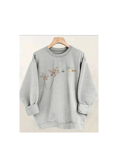 Herkesemoda Çiçek Baskılıı Bisiklet Yaka İçi Polarlı Sweatshirt Gri
