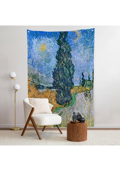 Vincent Van Gogh - Selvili Ve Yıldızlı Yol Duvar Örtüsü - Road With Cypress And Star-7443