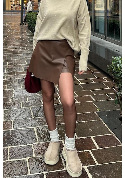 Madmext Kahverengi Mini Boy Kadın Deri Etek Mg2298 Kahverengi