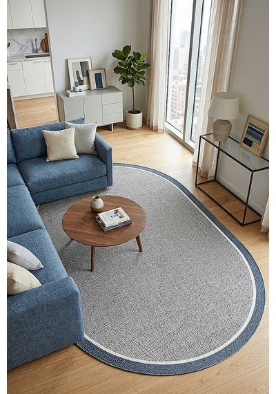 Natura Sisal Hasır Görünümlü Çift Bordürlü Oval Halı Ntr36 Mavi