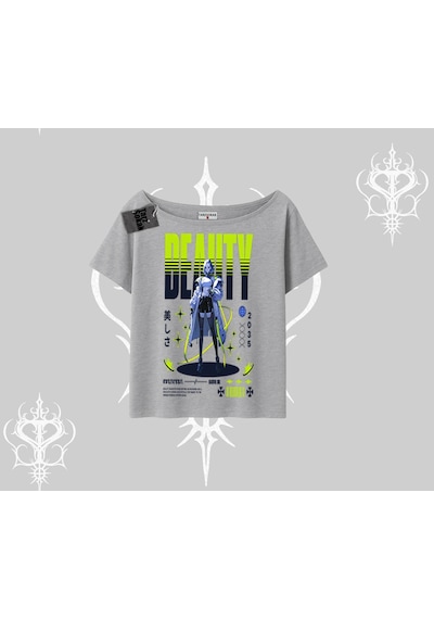 Tarzsokak Kayık Yaka Tshirt Anime Unity Neon Detaylı Grafik Baskılı Gri