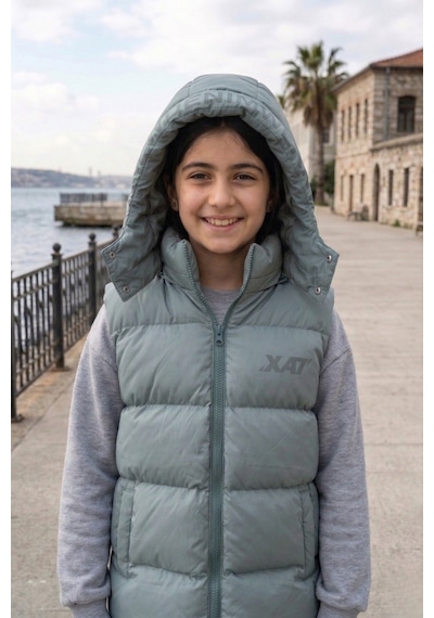 Pina Kids Unisex Çıtçıt Kapüşonlu Baskılı Şişme Yelek Mint Yeşili