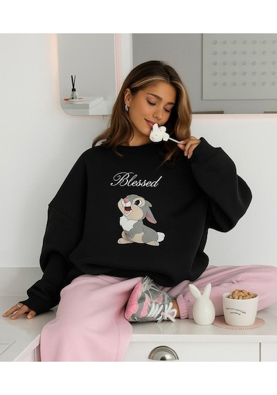 Benroma 3 İplik Penye Blessed Tavşan Baskılı Unisex Sweatshırt SIYAH