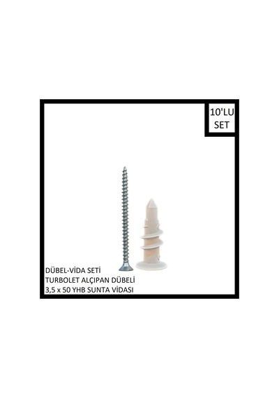Dübel-vida Seti, Turbolet Alçıpan Dübeli, 3,5x50 Yhb Sunta Vidası, 10 Adet