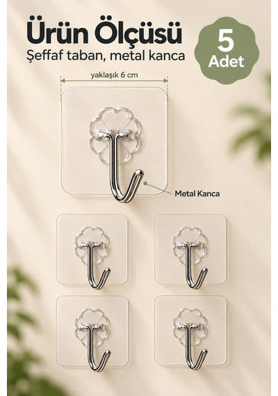 Kendinden Yapışkanlı Şeffaf Askı Kanca 5 Adet Delmeden Montaj