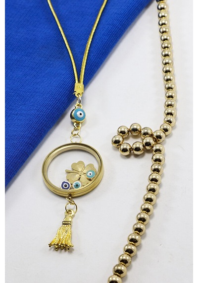 Püsküllü Gold Renkli Nazarlı Çelik Çerçeveli Yoncalı Açılabilir F
