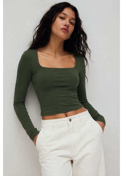Seeh Haki Kare Yaka Uzun Kollu Kadın Body Sh206
