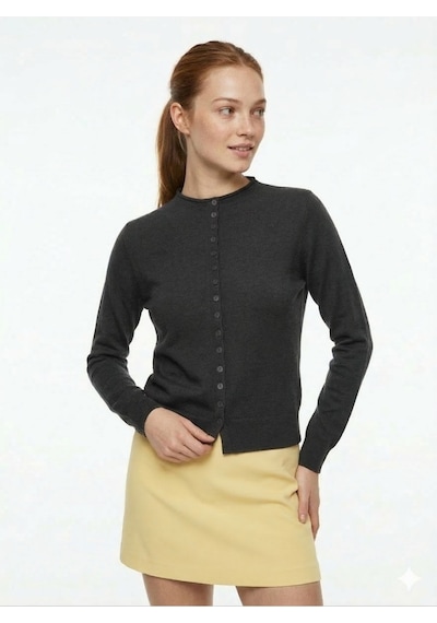 Kadın Acı Kahve Slim Fit Dar Kesim Düğmeli Bisiklet Yaka Triko Hırka Antrasit