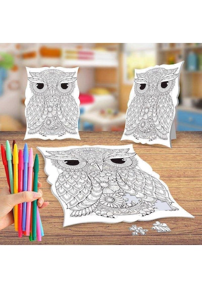 Desenli Baykuş Boyama Puzzle Tablo Çocuk Eğitici Yapboz