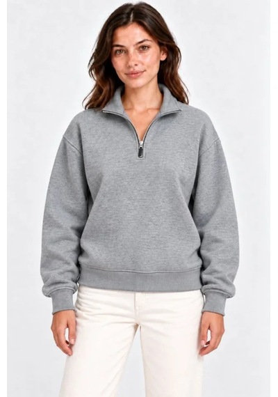 Üç İplik İçi Şardonlu Dik Yaka Yarım Fermuarlı Kışlık Sweatshirt - Gri