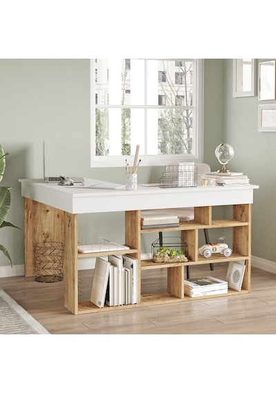 Yurudesign Tywin Kitaplık Raflı Çalışma Masası Çam-Beyaz