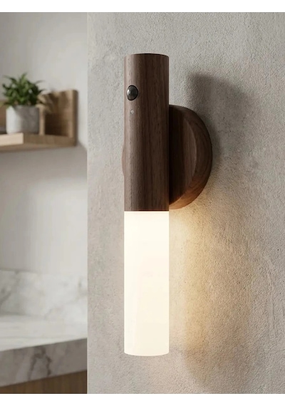 Şarjlı Led Ahşap Renk Hareket Sensörlü Günışığı Kablosuz Lüks Duvar Aplik Lamba Modeli Ahşap Rengi