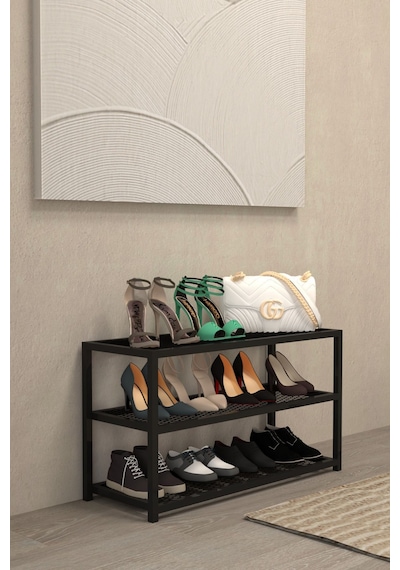 Aju Ayakkabılık Geniş Metal Modern Tasarım 3 Katlı Ayakkabı Rafı Dolabı Açık Vestiyer Siyah Aju Ayakkabılık Geniş Metal Modern Tasarım 3 Katlı Ayakkabı Rafı Dolabı Açık Vestiyer Siyah