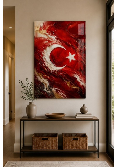 Türk Bayrağı Temalı Baskılı Cam Tablo Soyut Sanat Uv Baskı Duvar Dekoru