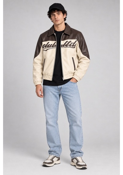 Maison Rae Erkek Krem, İçi Kürklü, Çift Renkli, Yazı Detaylı,oversize Suni Deri Bomber Ceket