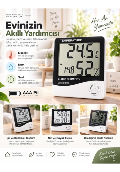 Tr 3 Adet Dijital Termometre Sıcaklık Ve Nem Ölçer Masa Saati Alarm