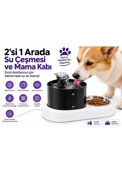 Kedi Köpek İçin 2'si 1 Arada Öşft Otomatik Su Sebili 1.8 Litre Ve Mama Kabı Besleme Seti Su Çeşmesi Sürekli Taze Su Evcil Hayvan
