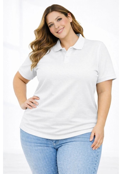 Novalisse Kadın Battal Beden Tişört Polo Yaka Pike Kumaş Kısa Kol T-shirt - Beyaz Çoklu Renk