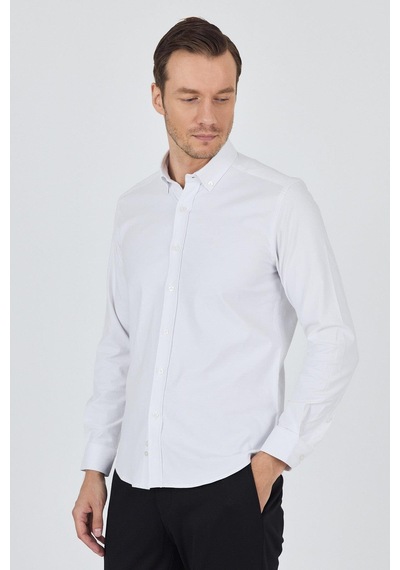 İmza Uzun Kol Düz Bez Ayağı Düğmeli Yaka Cepsiz Pamuklu Casual Slim Fit Gömlek 1004250212 Beyaz