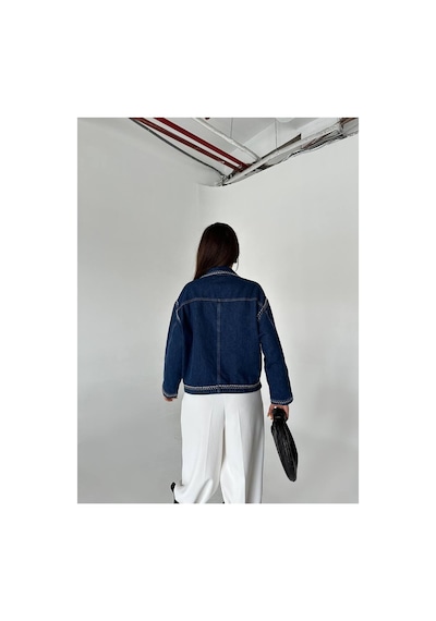 Zdnjeans Kadın Droplu Detaylı Denim Ceket Blazer Yaka, Cep Detaylı Koyu Mavi