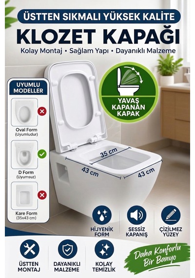 Kare Form Klozet Kapağı 35x43 Cm Soft Close Yavaş Kapanır Üstten Sıkmalı Beyaz