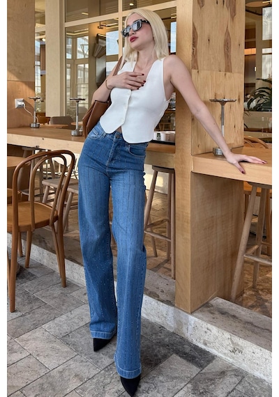 Madmext Mavi Yüksek Bel Likralı Taşlı Kadın Jean Pantolon Mg2271 Mavi