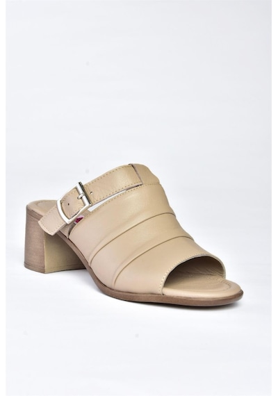Fox Shoes P555450903 Vizon Hakiki Deri Kalın Topuklu Günlük Kadın Terlik
