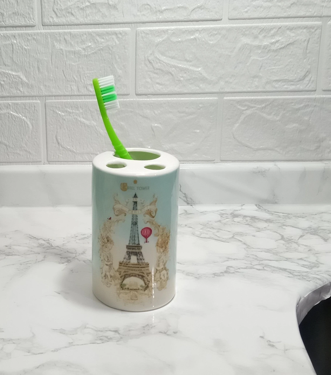 2 Adet Seramik Diş Fırçalık Romantik Yeşil Model 7x7x11cm Banyo Seti Çok Renkli