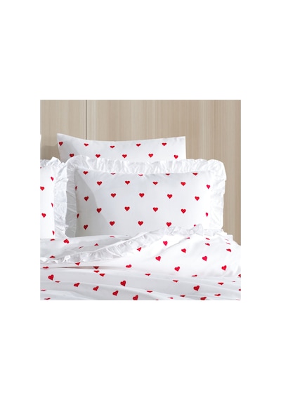 Fırfırlı Kalpli Çift Kişilik Nevresim Takımı 4 Yastık Kılıfı Lastikli Çarşaflı 200x220cm Çok Renkli