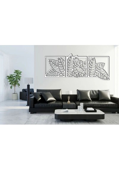 Yaprak Model 3 Lü Dekor Ahşap Duvar Süs Tablo Beyaz Renk 147x52 Cm