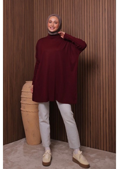 Balenbi Kadın Dik Yaka Basic 80cm Salaş Oversize Triko Tunik 1145 Bordo