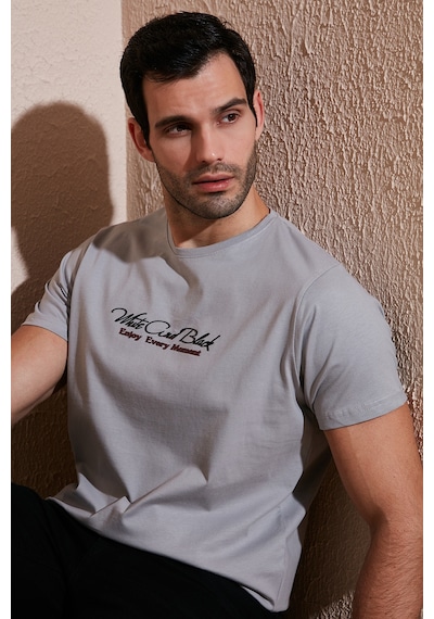 Buratti Pamuklu Slim Fit Bisiklet Yaka Yazılı Erkek T Shirt 541Enjoy Açık Gri
