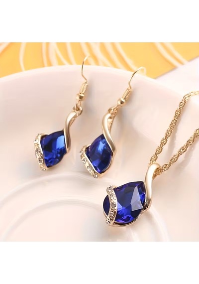 Moda Zirkon Taşlı İşlemeli Kolye, Küpe Set, Sevgililer Günü Mavi