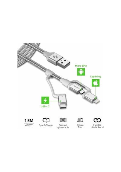 Spigen Essential 3in1 Lightning + USB-C + Micro USB Dayanıklı Naylon Örgü Hızlı Şarj ve Data Kablo MFI Lisanslı (1.5 Metre) C10i3 Silver - 000CB23017