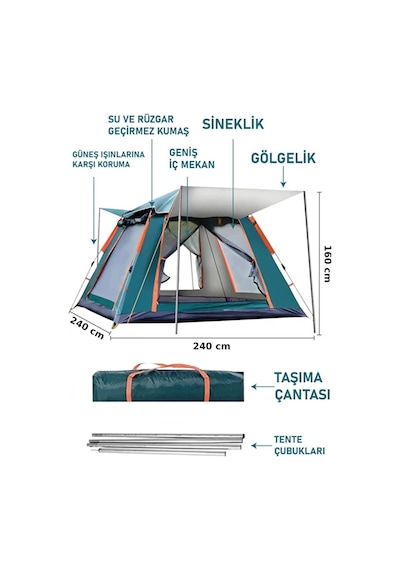 6 Kişilik Tam Otomatik Tenteli Çift Kapılı Kare Kamp Çadırı | 240 x 240 x 160cm | Su Geçirmez