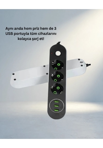Anahtarlı Usb Girişli Üçlü Priz 2 Metre Akım Koruma