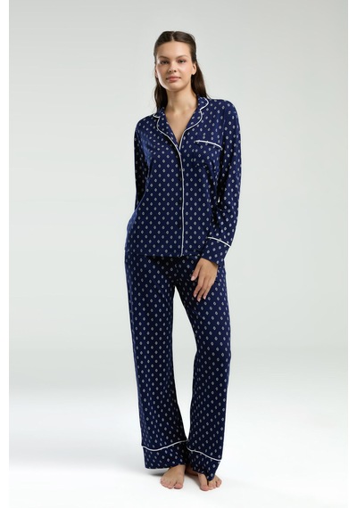 Pierre Cardin 8950 Pamuk Önden Düğmeli Uzun Kol Kadın Pijama Takımı Lacivert