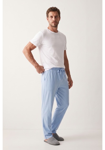 Elemge %100 Pamuk Süprem Compact Penye Tok Kumaş Erkek Pijama Altı Mavi Rahat Kalıp Cepli Lastikli Ipli Terletmez Nefes Alan Esnek