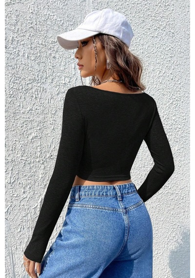 Kadın Siyah Uzun Kollu Agraflı Göğüs Ve Göbek Dekolteli Crop Top Bluz