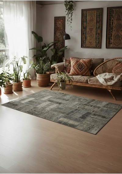 Modern Bohem Stil El Dokuması Vintage Halı Özel Tasarım Patchwork Koleksiyonu Gri