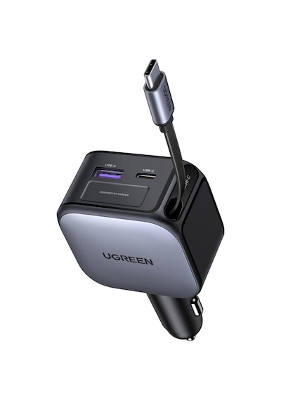 Ugreen 60w Usb-c Makaralı Dahili Kablolu Hızlı Araç Çakmaklık Şarj Cihazı, 1x Usb-c 1x Usb-a, 55212b
