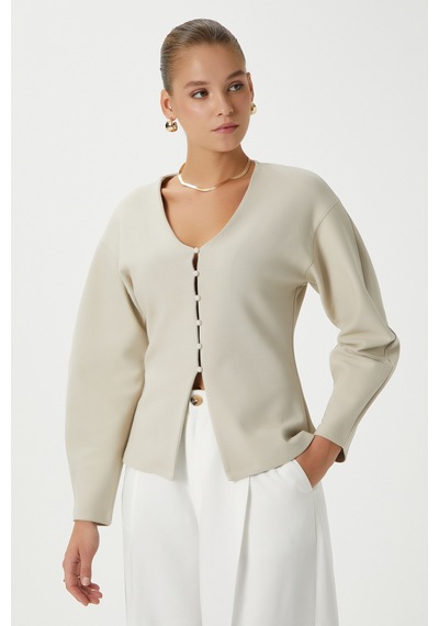 Ritnice Kadın Osea Premium Bele Oturan Bej Şık Düğme Detay Peplum Bluz Bej