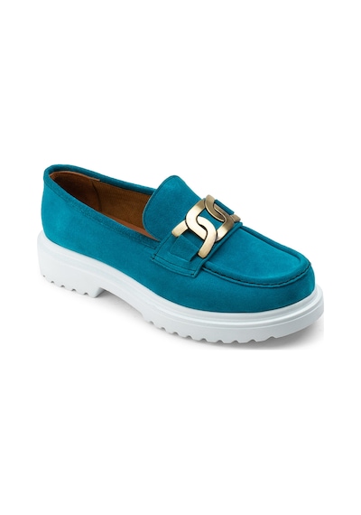 Deery Hakiki Süet Turkuaz Rengi Tokalı Loafer Kadın Ayakkabı - 01902ztrkp01 Turkuaz