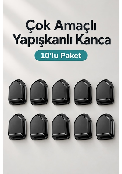 Yapışkanlı Siyah Kancalı Duvar Askısı Çok Amaçlı Mutfak Kancası 10 Adet
