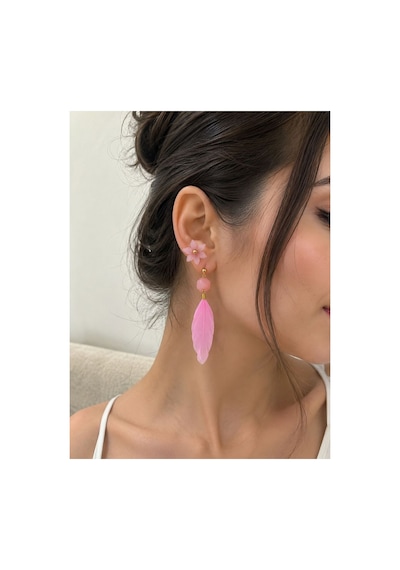 Pembe Çiçek Ve Yaprak Sallantılı Küpe Pembe Pembe